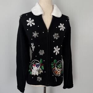 Vtg Embroidered & beaded snowman zip up holiday cardigan w/ white fluffy collar